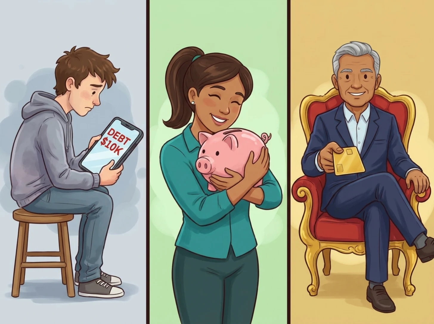 Three people side by side: a young man on a stool looks sadly at his phone showing DEBT $10K, a smiling woman hugs a pink piggy bank, and a grey-haired man in a suit on a red and gold throne-like chair holds out a gold credit card