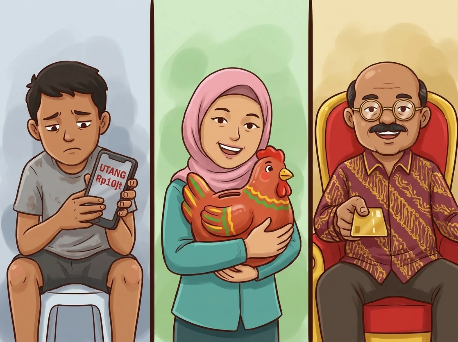 Tiga orang berdampingan: kiri, pemuda di kursi plastik menatap sedih ponsel bertuliskan UTANG Rp10jt; tengah, perempuan berhijab merah muda tersenyum memeluk celengan ayam; kanan, bapak berkacamata dan berbatik duduk di kursi besar merah keemasan sambil menyodorkan kartu kredit emas