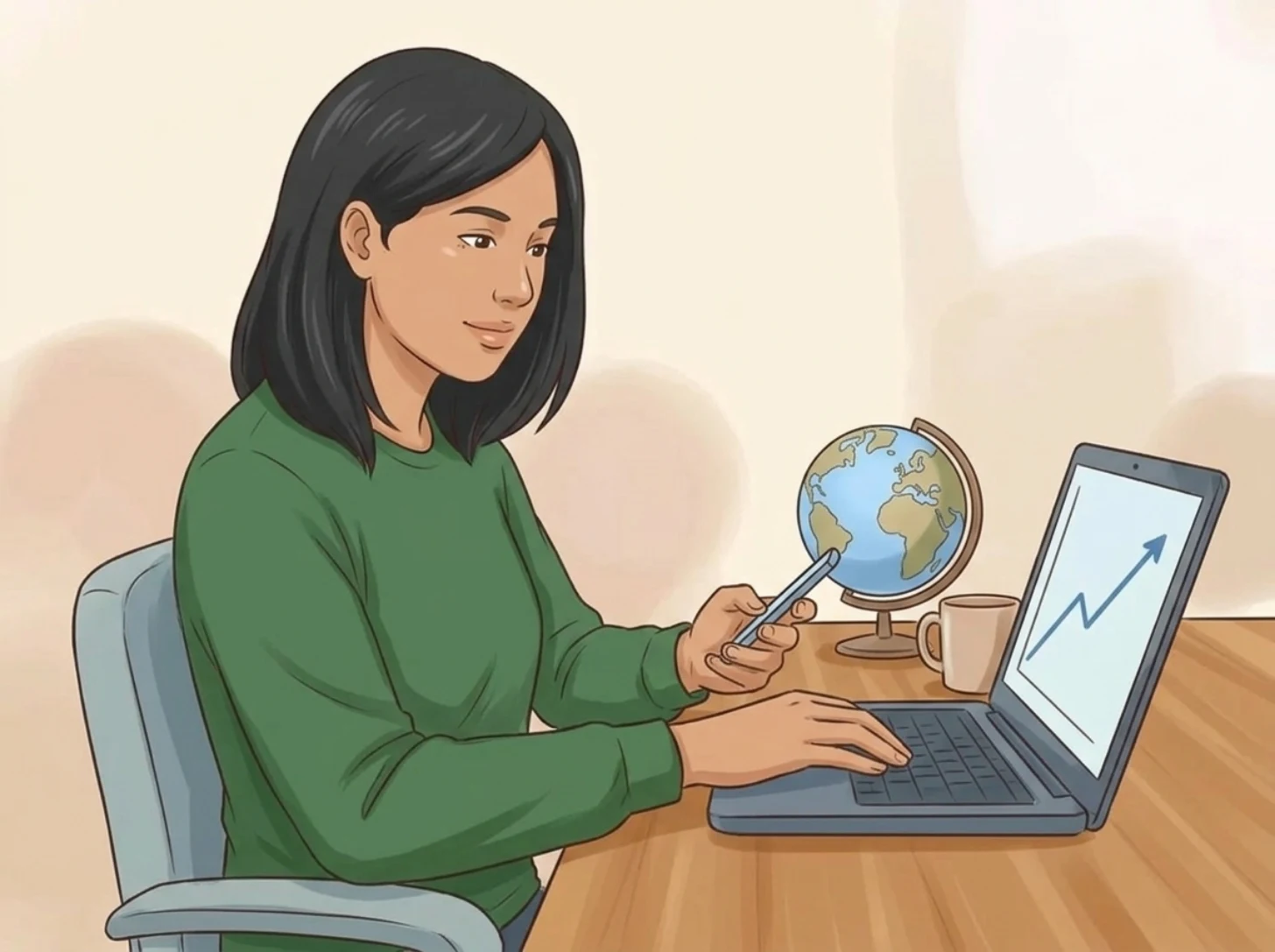 Seorang perempuan duduk di meja, satu tangan di keyboard laptop yang layarnya menampilkan grafik naik, tangan lainnya memegang ponsel, dengan globe kecil di meja