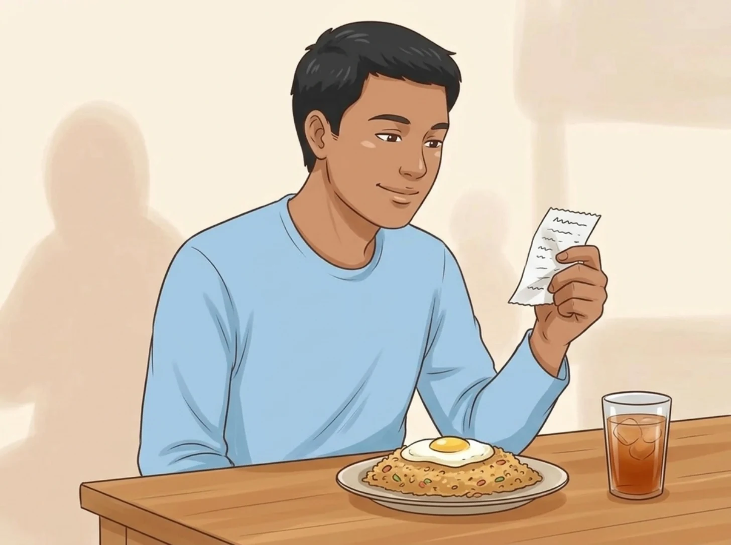 Seorang pria duduk di warung sambil memegang struk dan tersenyum, di depannya ada sepiring nasi goreng dan segelas es teh