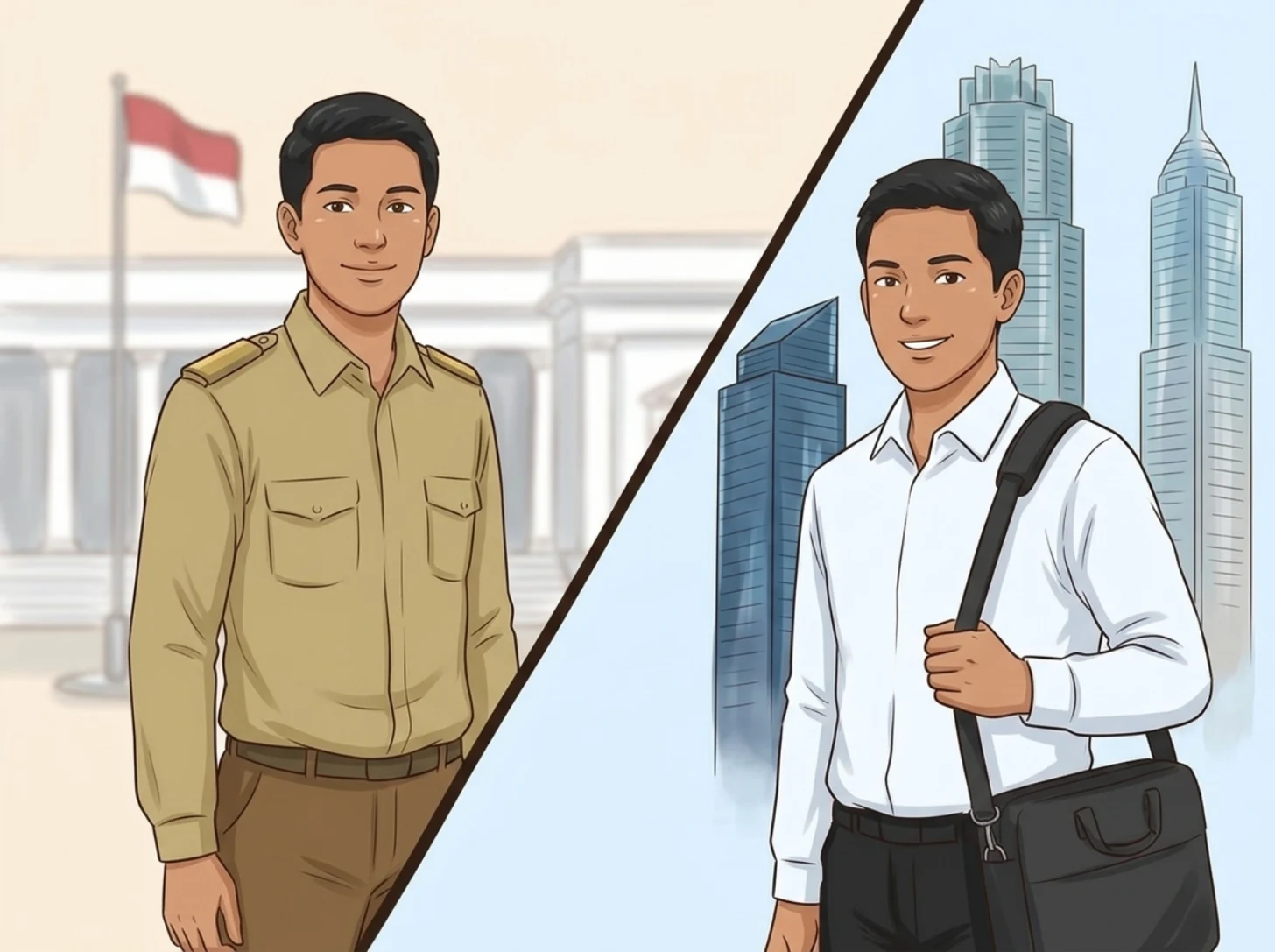 Dua pria berdiri berdampingan: kiri berseragam dinas PNS di depan kantor pemerintahan, kanan berkemeja putih ala pegawai kantoran di depan gedung pencakar langit Jakarta