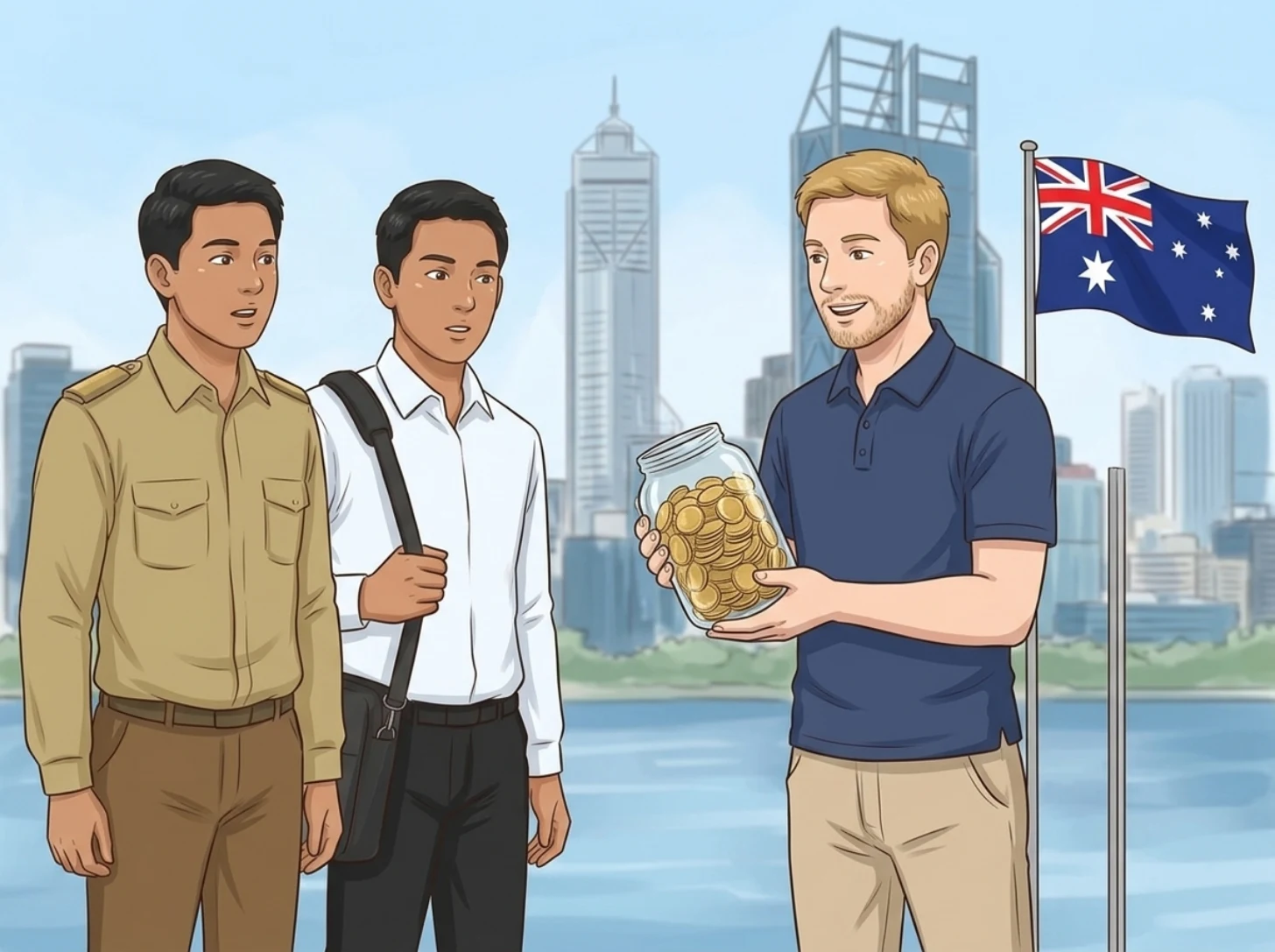 Pria berseragam PNS dan pegawai kantoran memperhatikan seorang pria Australia yang memegang toples kaca penuh koin, dengan latar gedung-gedung Perth dan bendera Australia