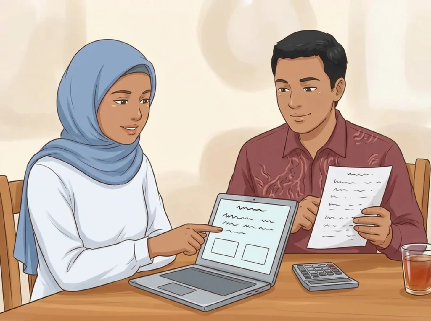 Pasangan suami istri duduk di meja makan, istri menunjuk layar laptop, suami memegang selembar kertas di samping kalkulator